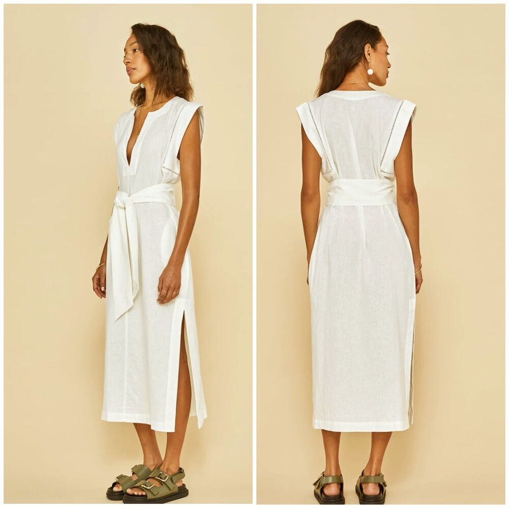 Carbon38 Linen Midi Dress Womens M Ivory Belted Side Slit Resort Minimalist